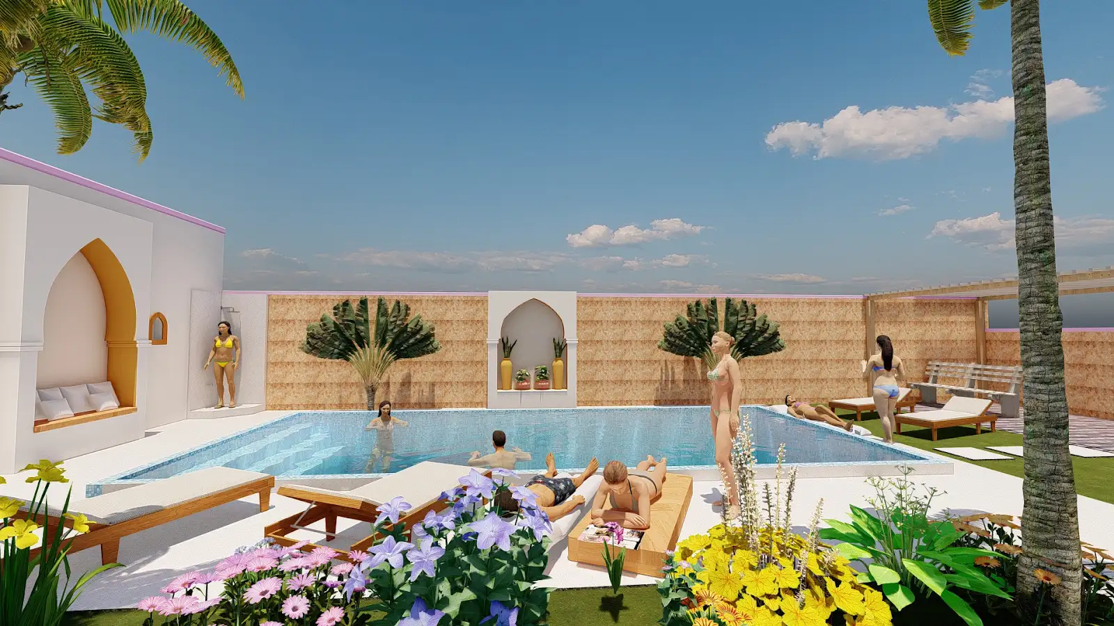 Night view of the illuminated swimming pool