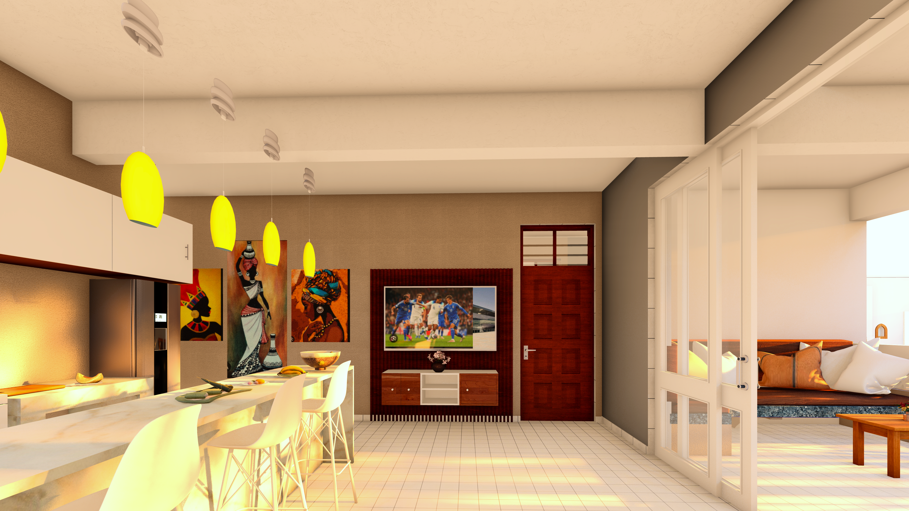 Bedroom interior render with lighting