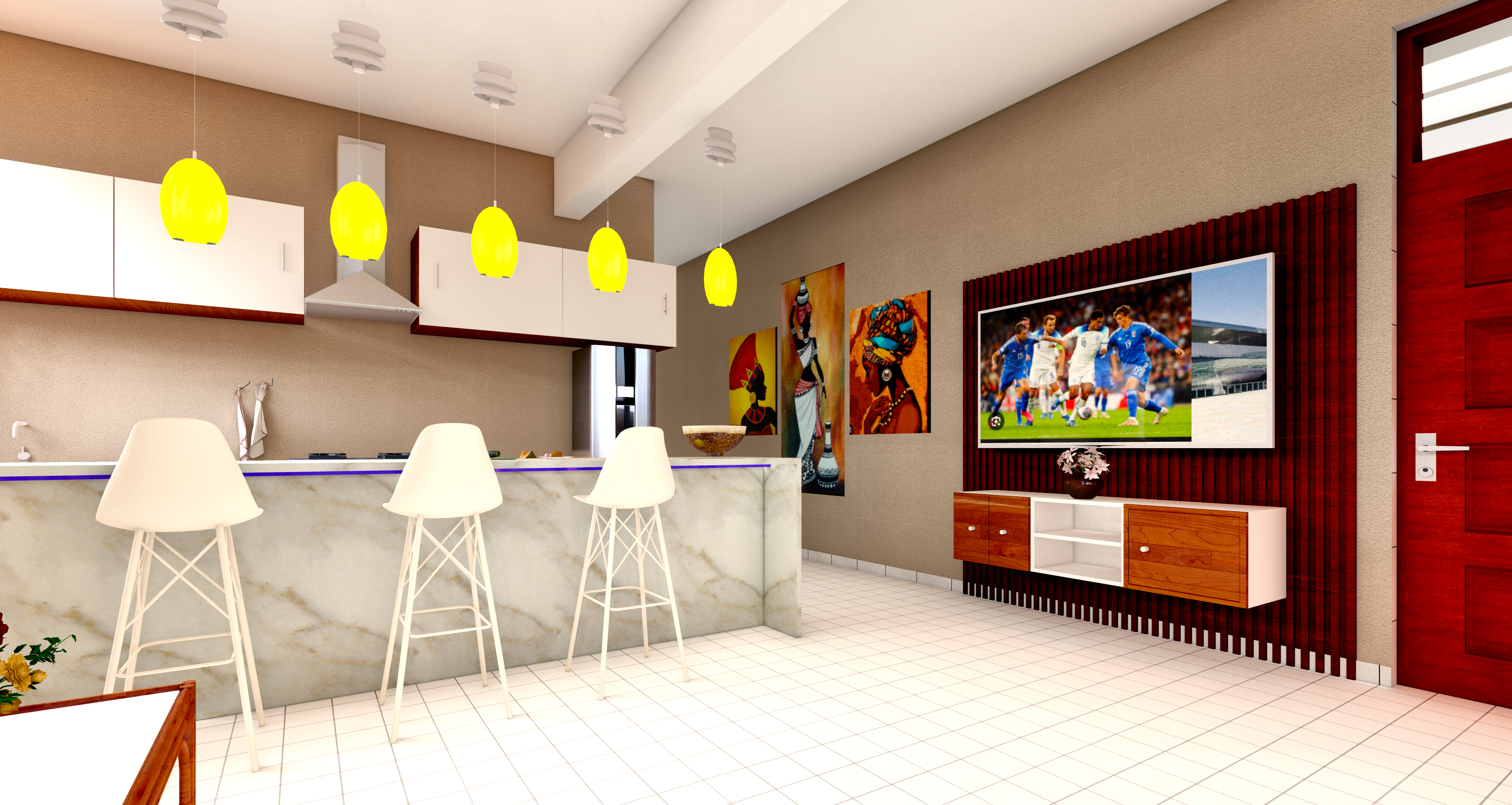 Bedroom render with all lights on