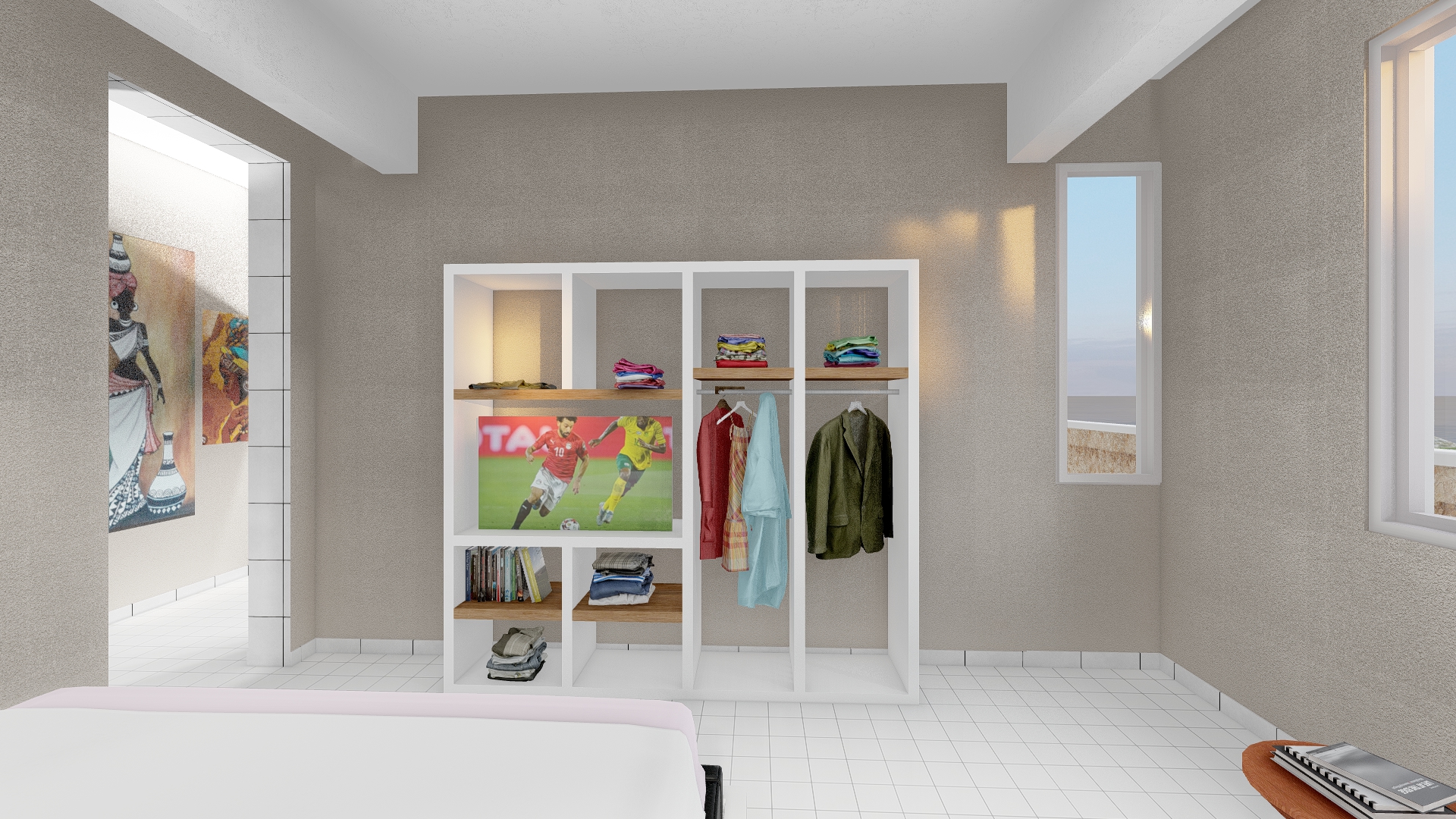 Bedroom with wardrobe and balcony view